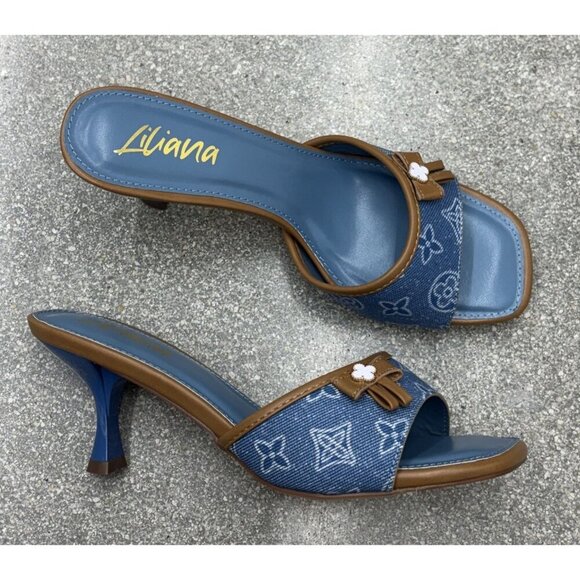 LILIANA / Dana-1 / Blue Denim / Open-Toe Heels / With Floral Accent & Tan Trim - Picture 6 of 8